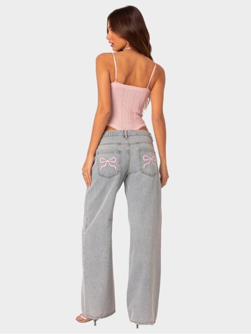 Edikted Bow Pink Embroidered Y2K Baggy Wide Leg Jeans Coquette